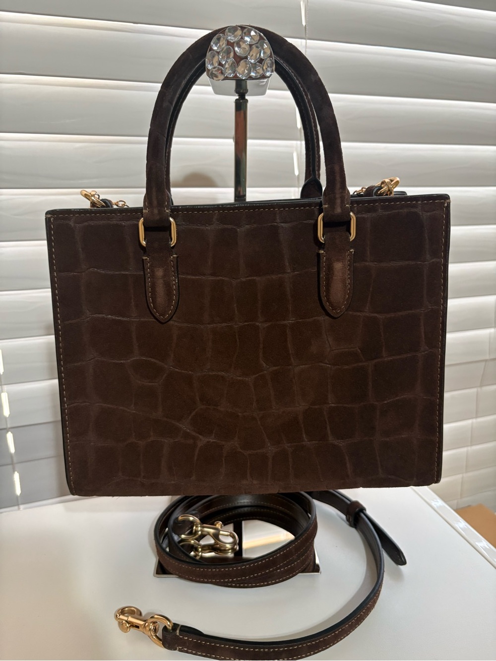 COACH Dark Brown Croc-Embossed Satchel Maggie Small Tote Bag. - Picture 2 of 13